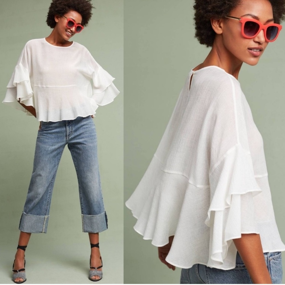 Anthropologie White Ruffle Sleeve Blouse